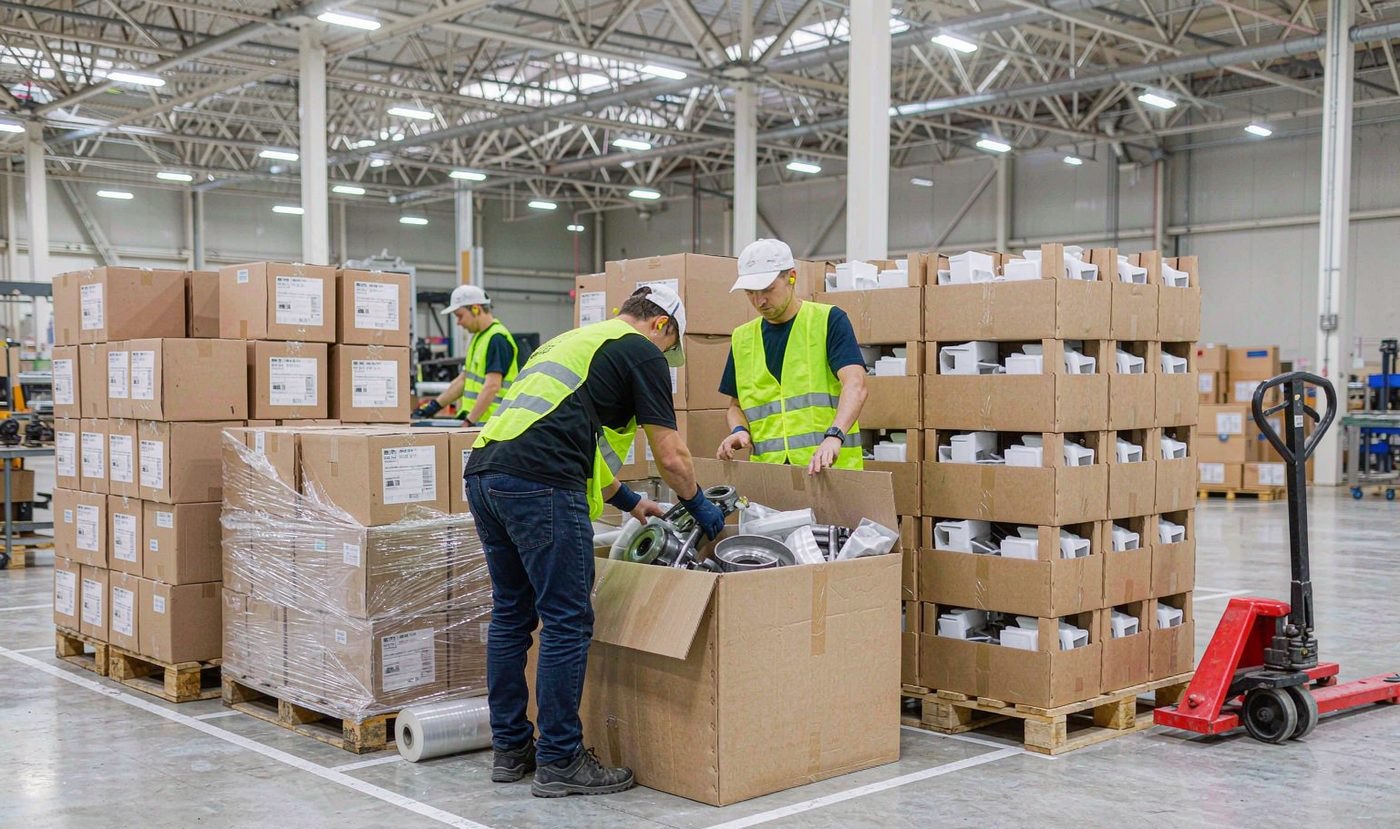 Warehouse team packing automotive parts into export cartons on pallets