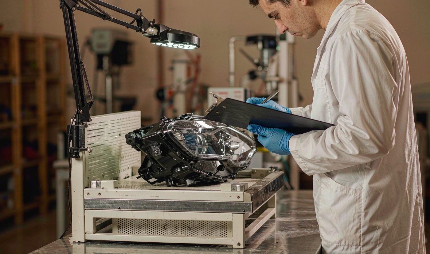 Quality inspector examining an automotive headlamp against a spec sheet
